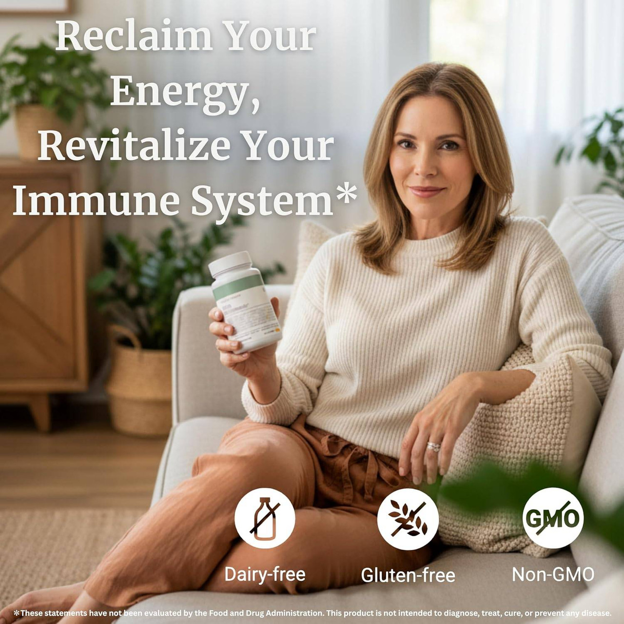 Woman on a sofa holding the bottle with dairy-free and gluten-free icons