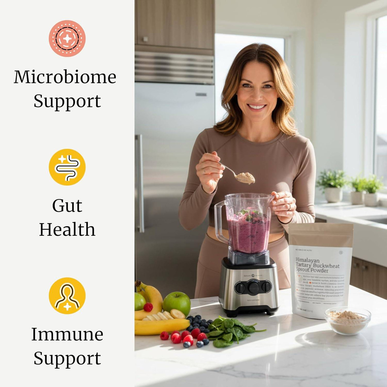 Woman making a smoothie with microbiome, gut and immune icons