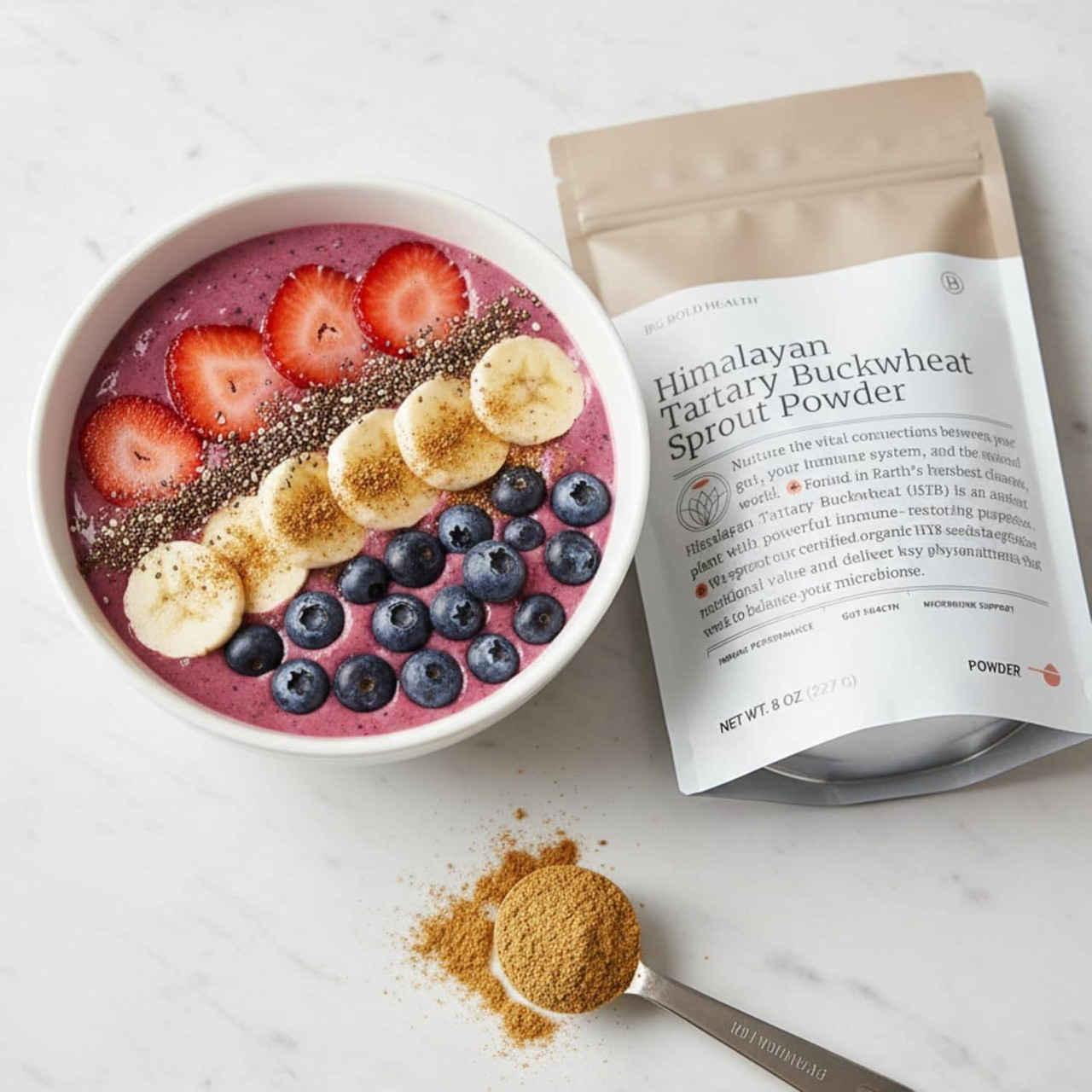 Smoothie bowl with berries and bananas beside the pouch