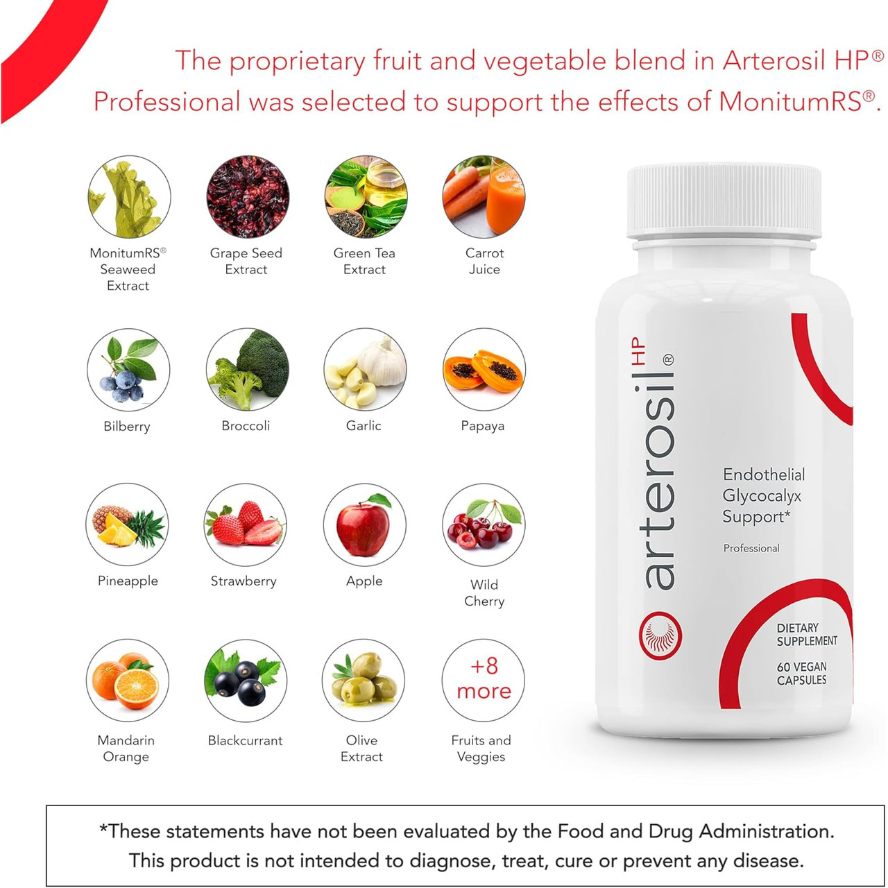 Grid of fruits and vegetables in the Arterosil HP blend beside the bottle