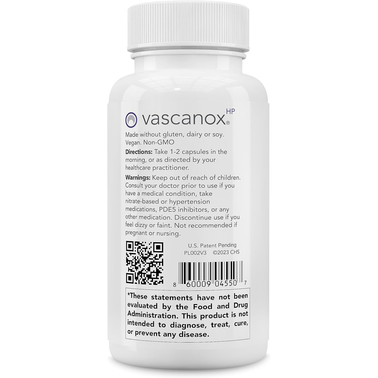 Vascanox HP bottle showing directions and warnings