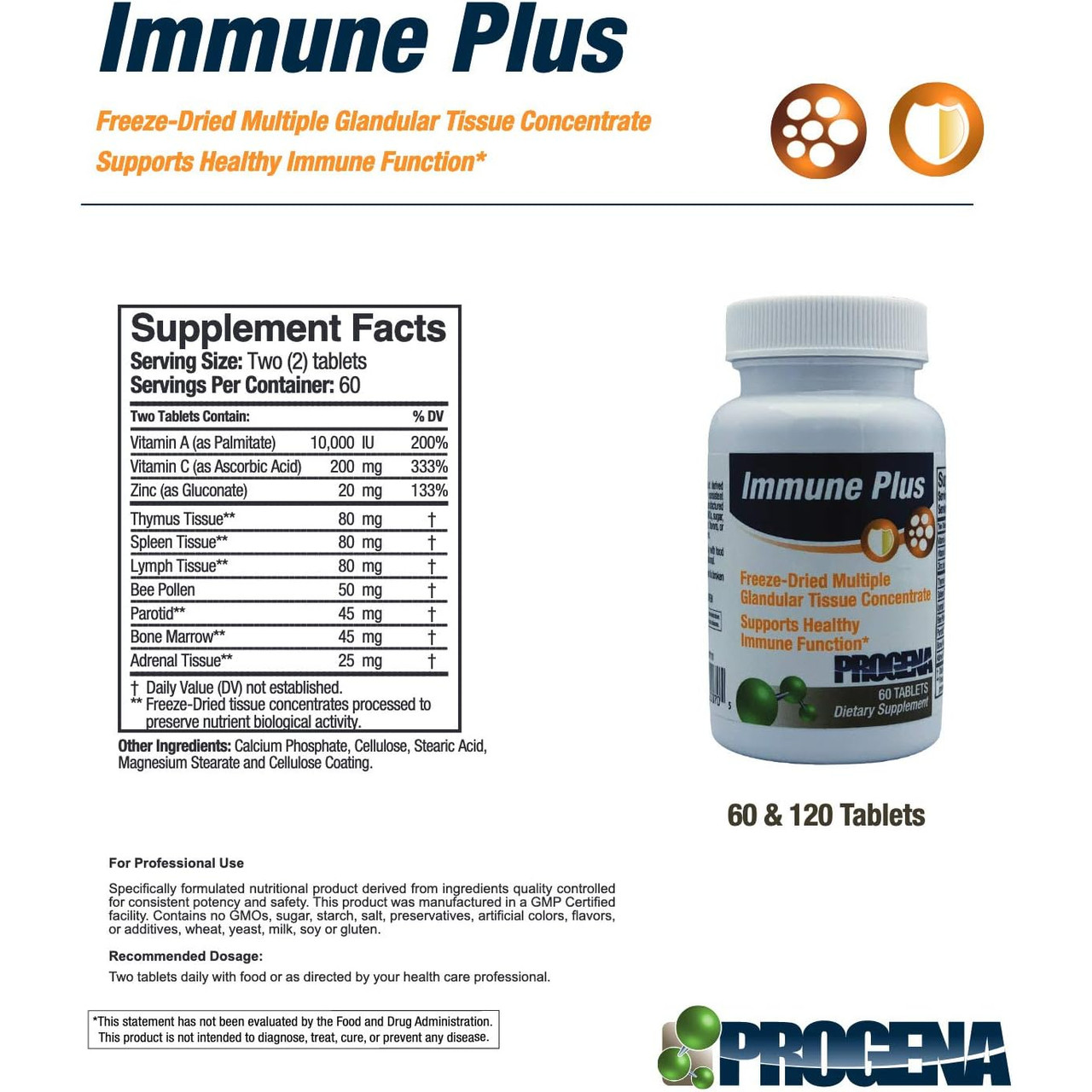 Immune Plus supplement facts with vitamins zinc and glandular concentrates