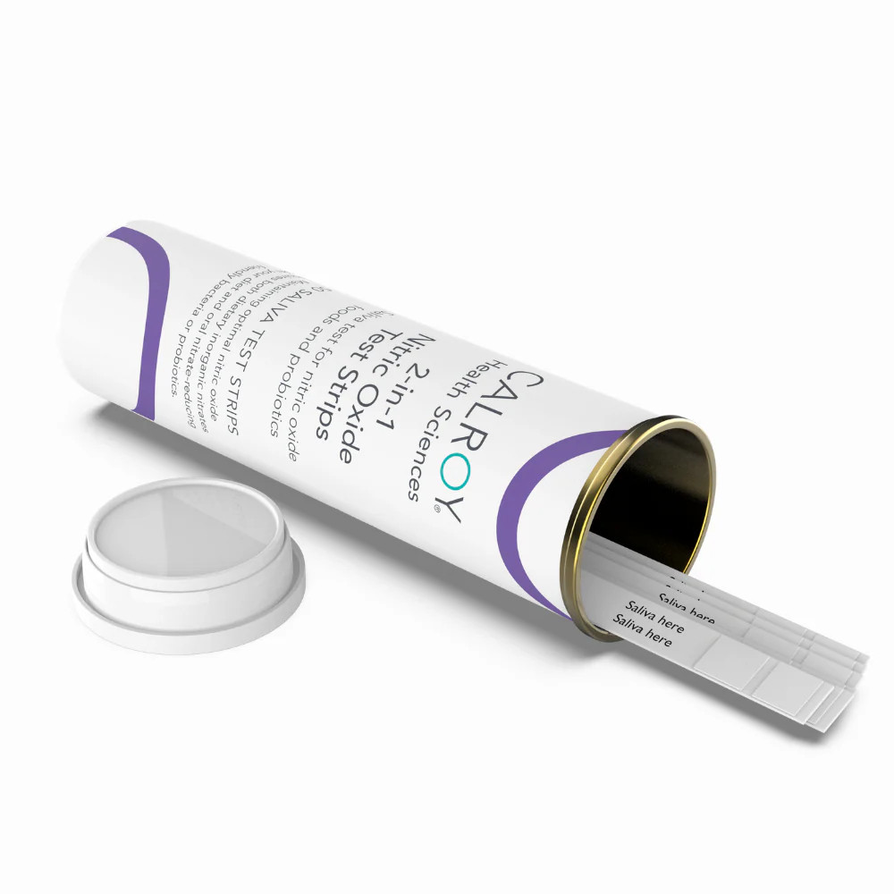 Open Calroy test strip tube with strips spilling out beside the cap