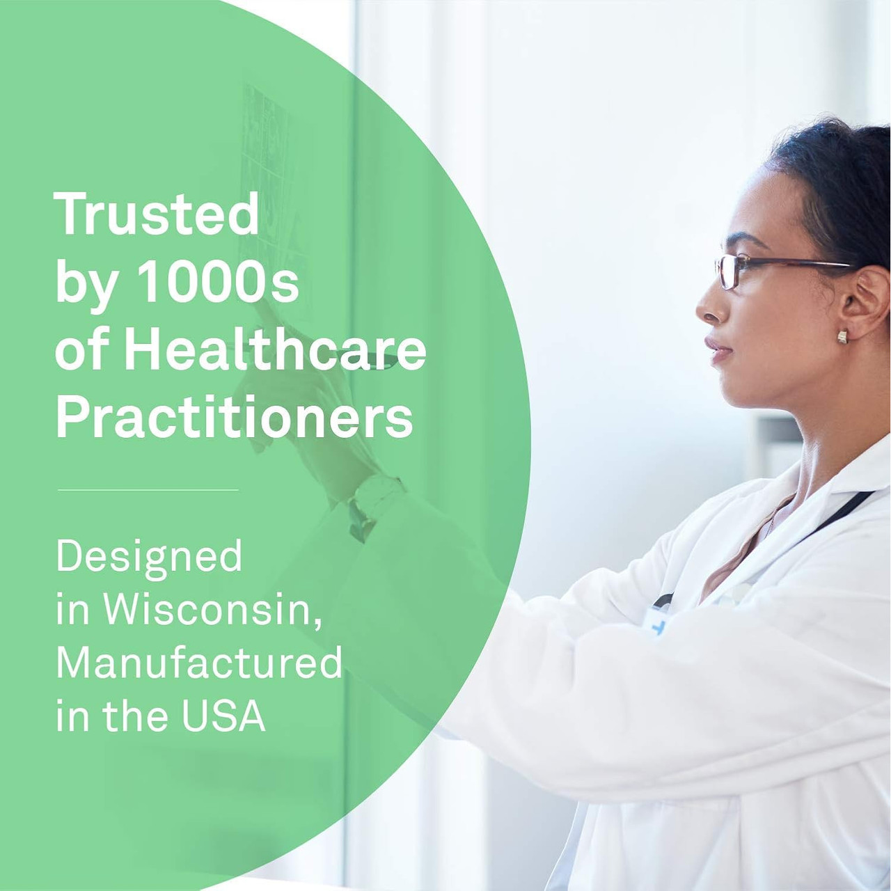 Practitioner in a lab coat, designed in Wisconsin, manufactured in the USA graphic