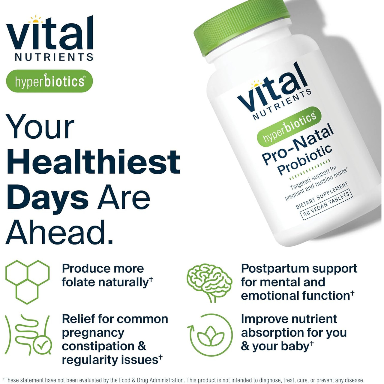 Pro-Natal bottle with your healthiest days are ahead pregnancy benefit icons
