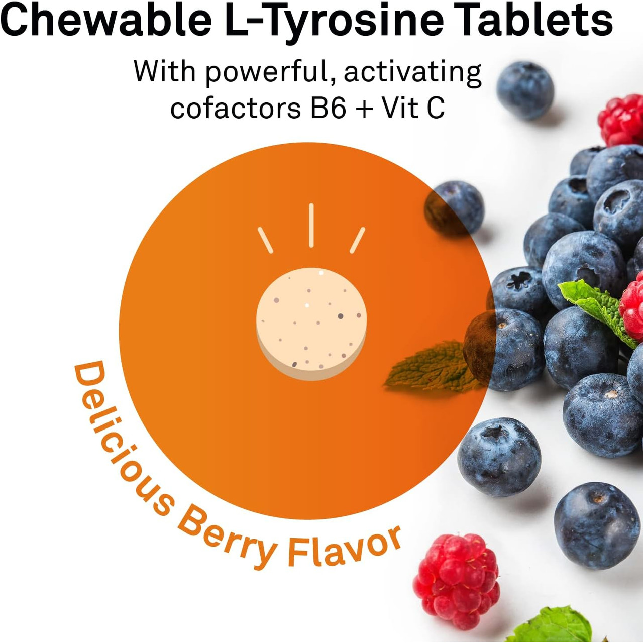 Chewable L-tyrosine tablet with blueberries and raspberries, delicious berry flavor graphic