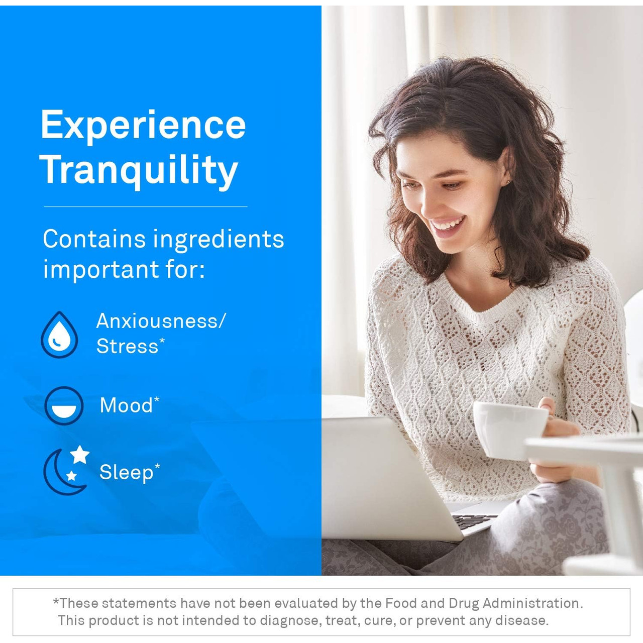 Smiling woman with a mug, experience tranquility graphic