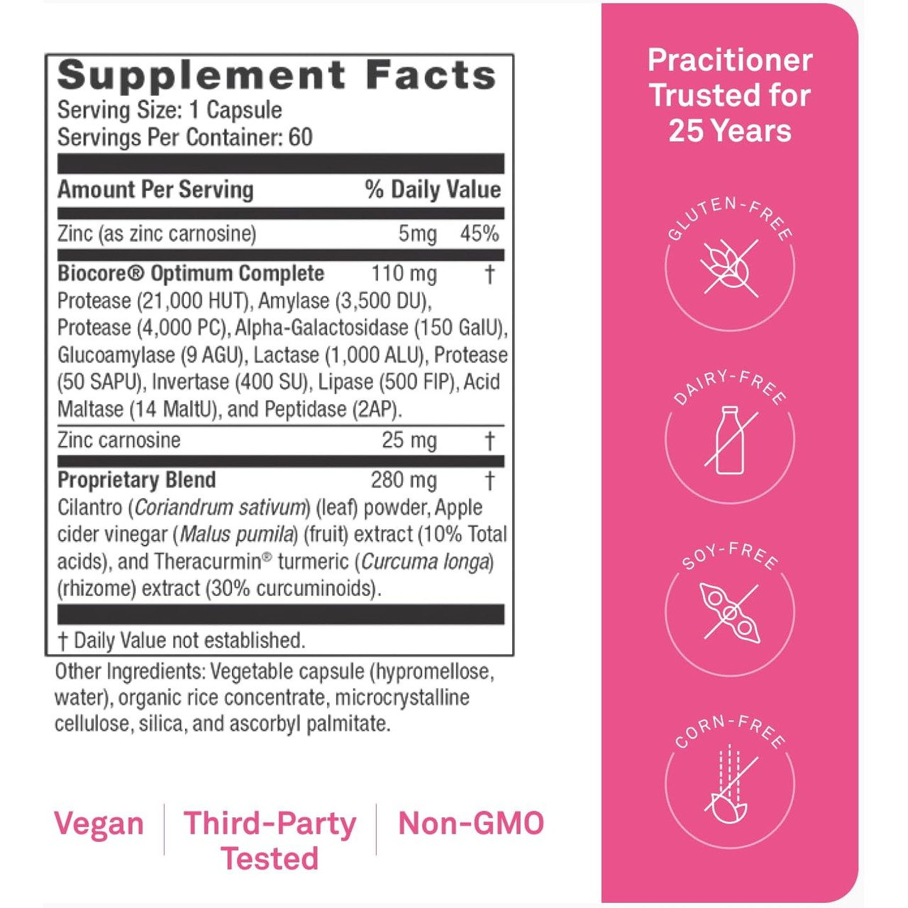 Digest DTX supplement facts with zinc cilantro ACV turmeric free-from icons
