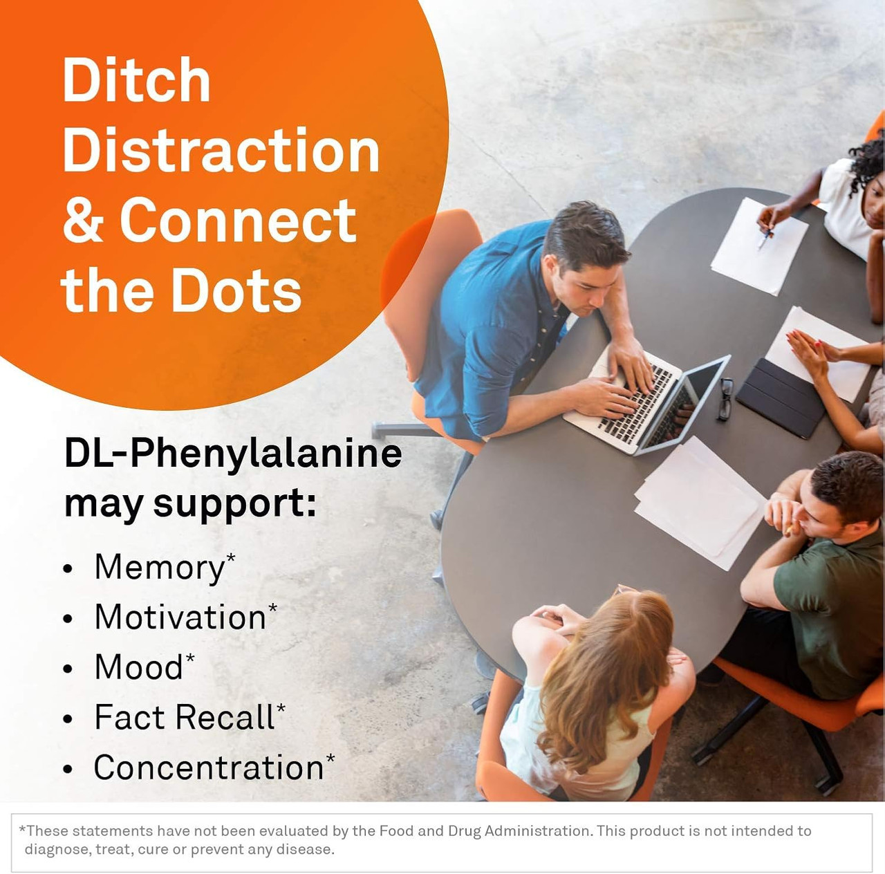 People working at a table, ditch distraction and connect the dots graphic