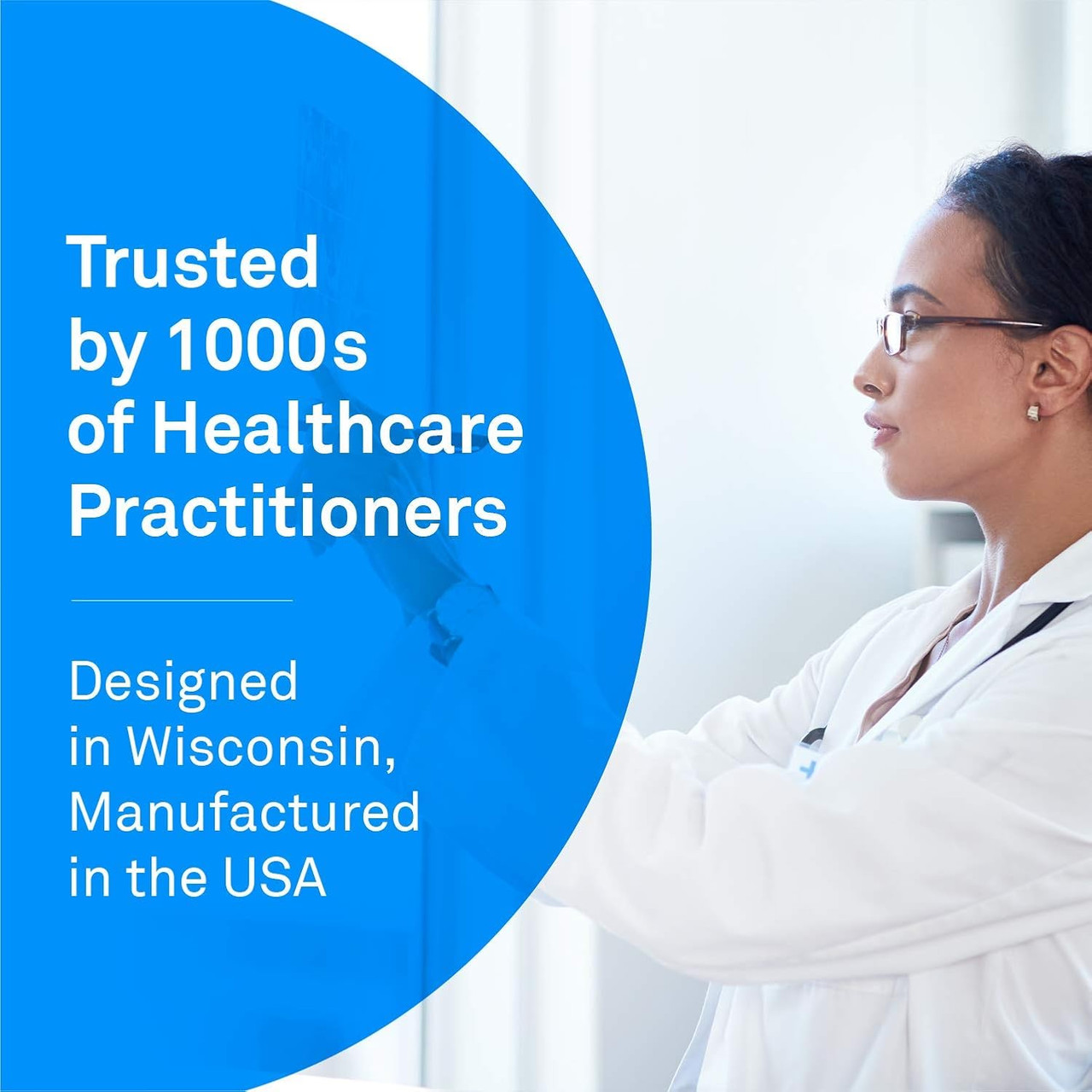 Scientist at a microscope, trusted by healthcare practitioners, made in the USA graphic