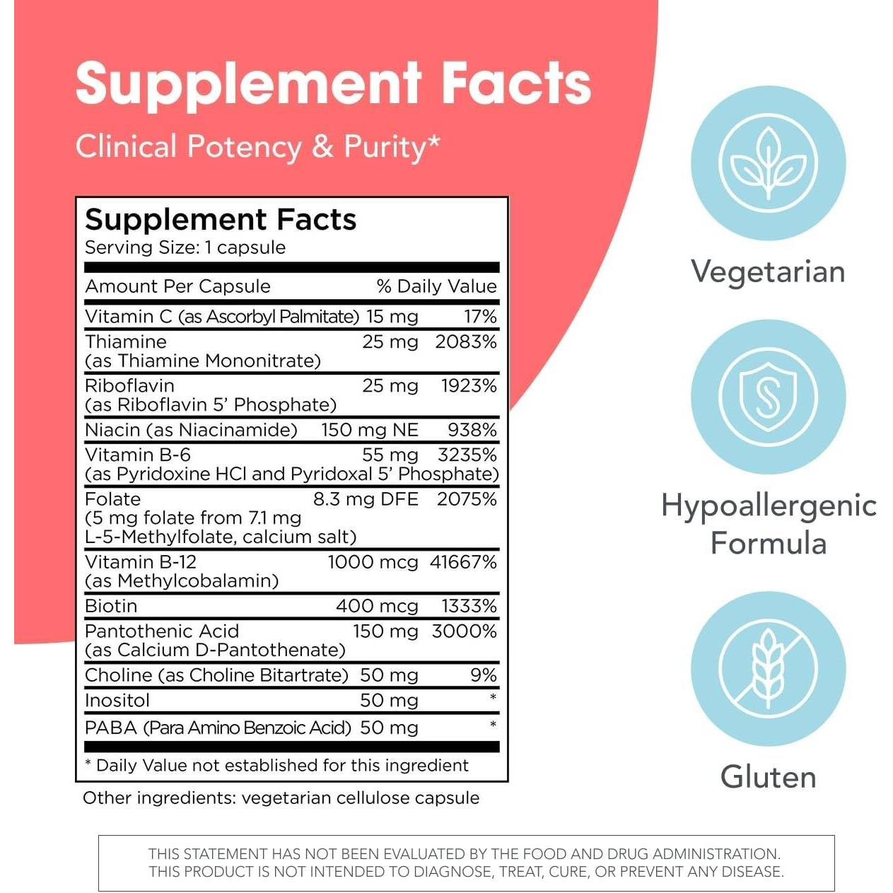 B-Complex supplement facts with vegetarian, hypoallergenic and gluten-free icons
