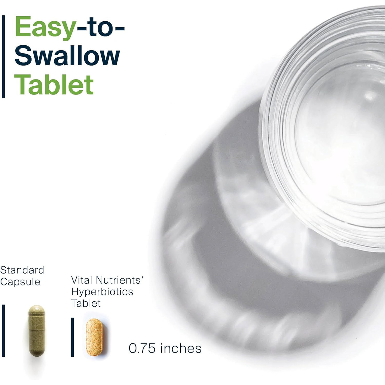 Pro-Men tablet beside a standard capsule, easy-to-swallow 0.75 inch tablet