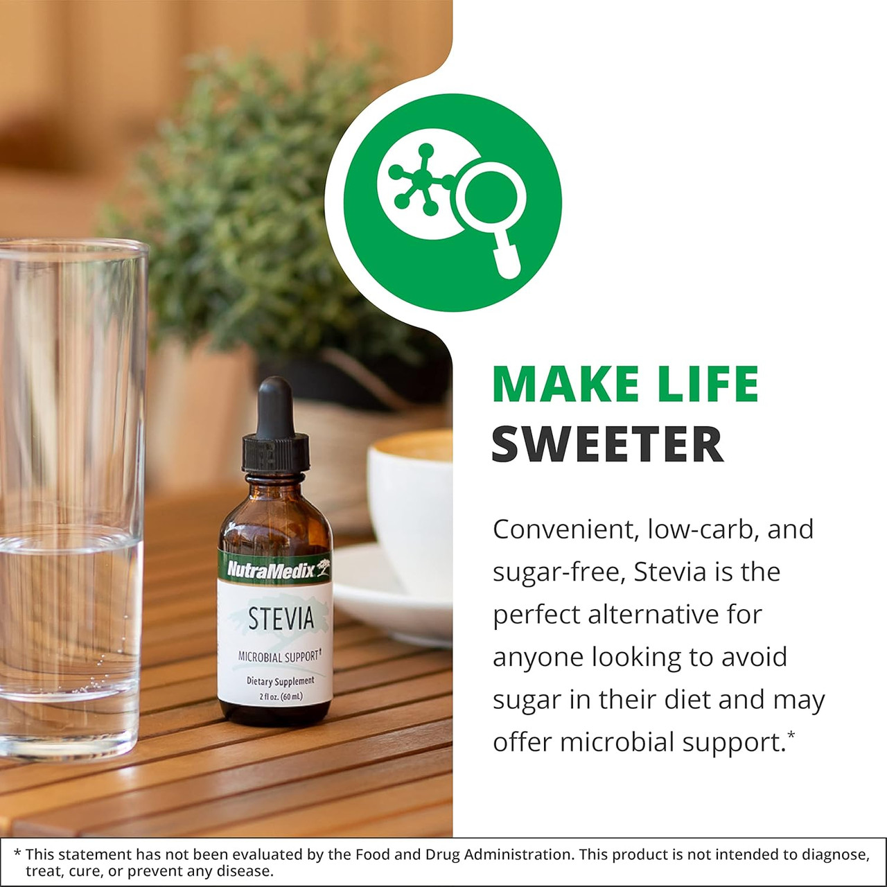 Stevia bottle beside a glass of water, make life sweeter text