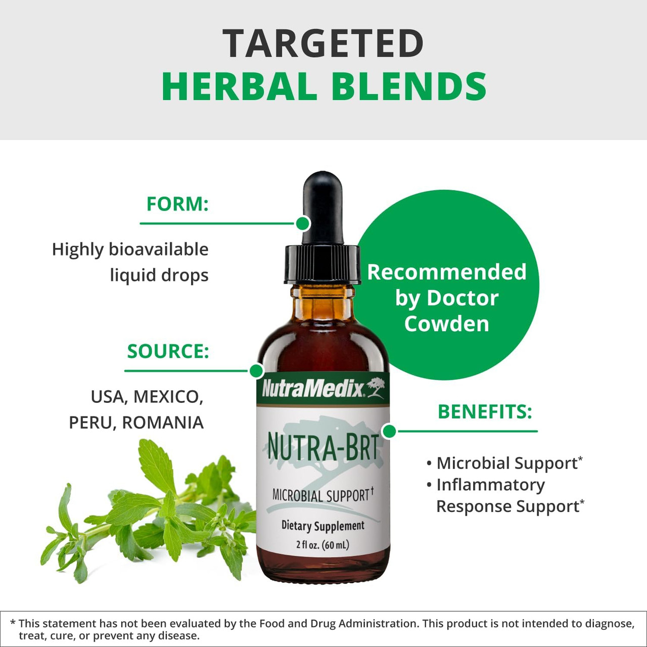 Targeted herbal blends graphic with microbial support and Dr Cowden badge