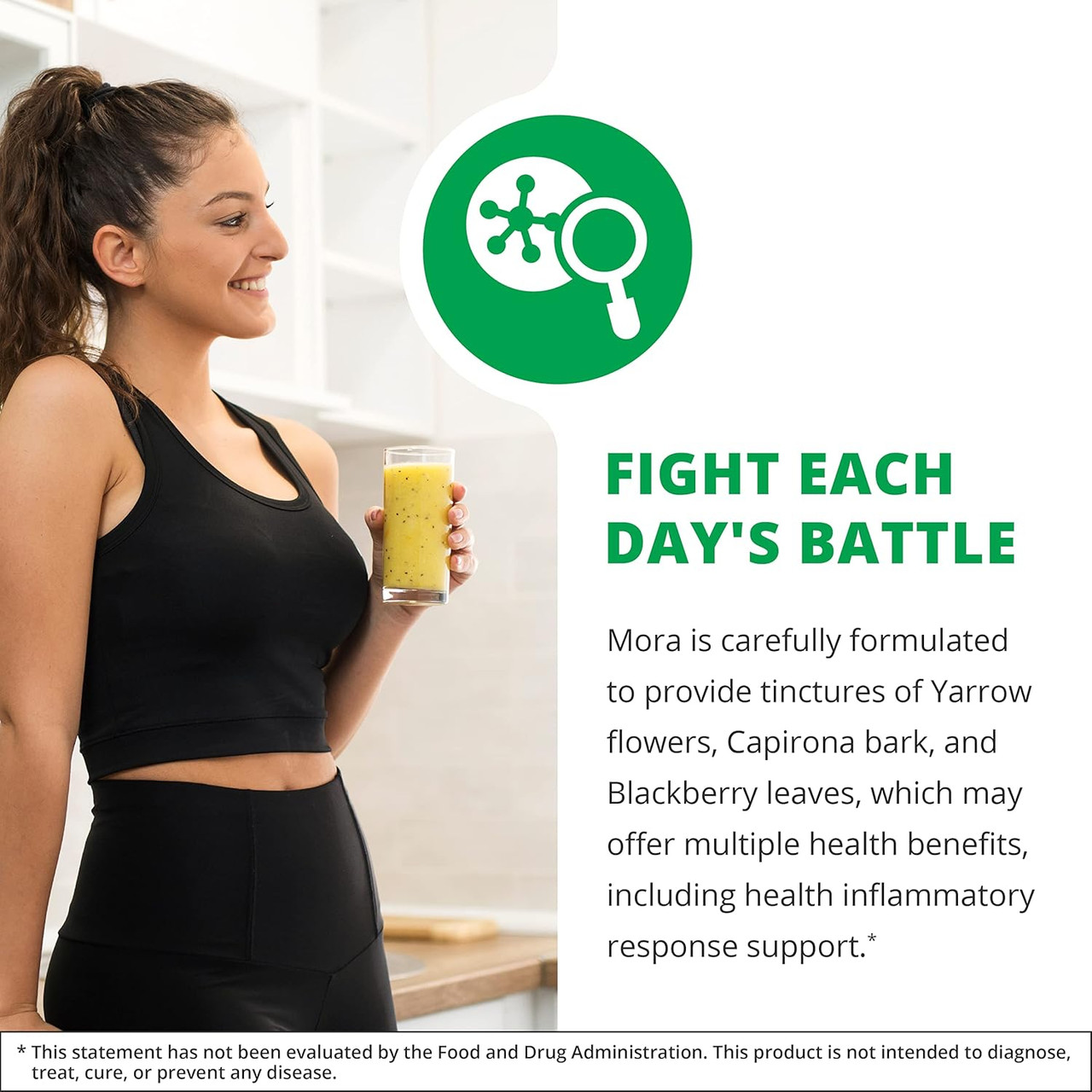 Woman with Mora drink, fight each day battle inflammatory support graphic