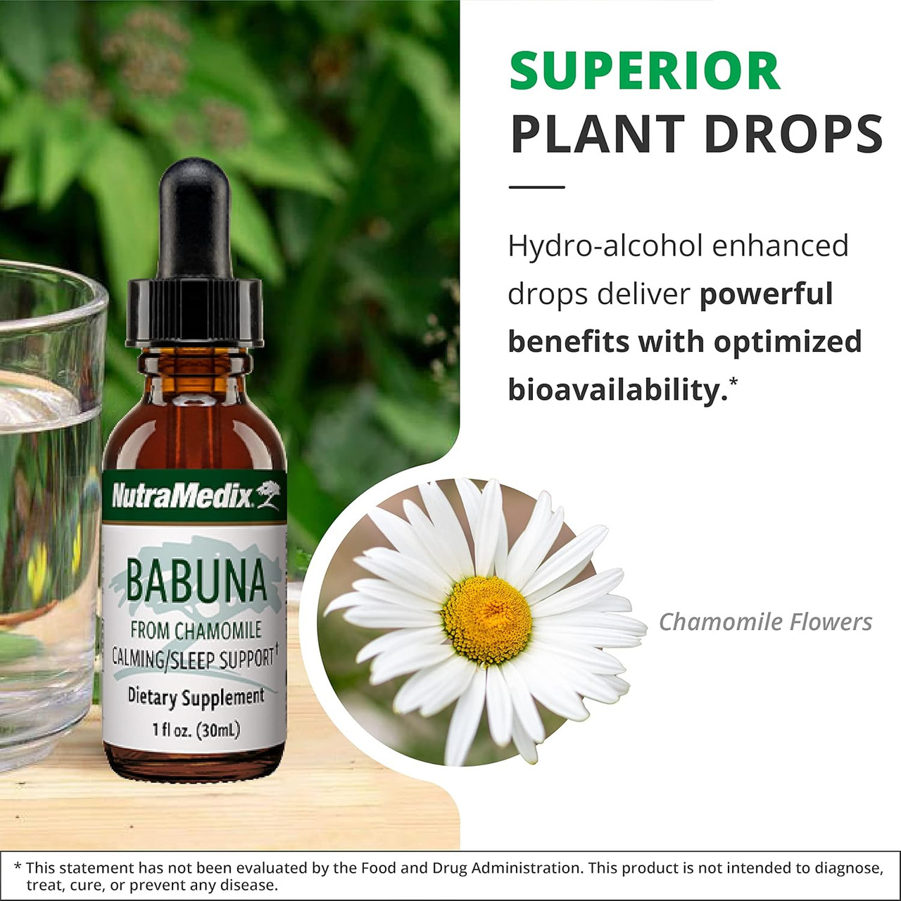 Babuna bottle with chamomile flowers, superior plant drops graphic