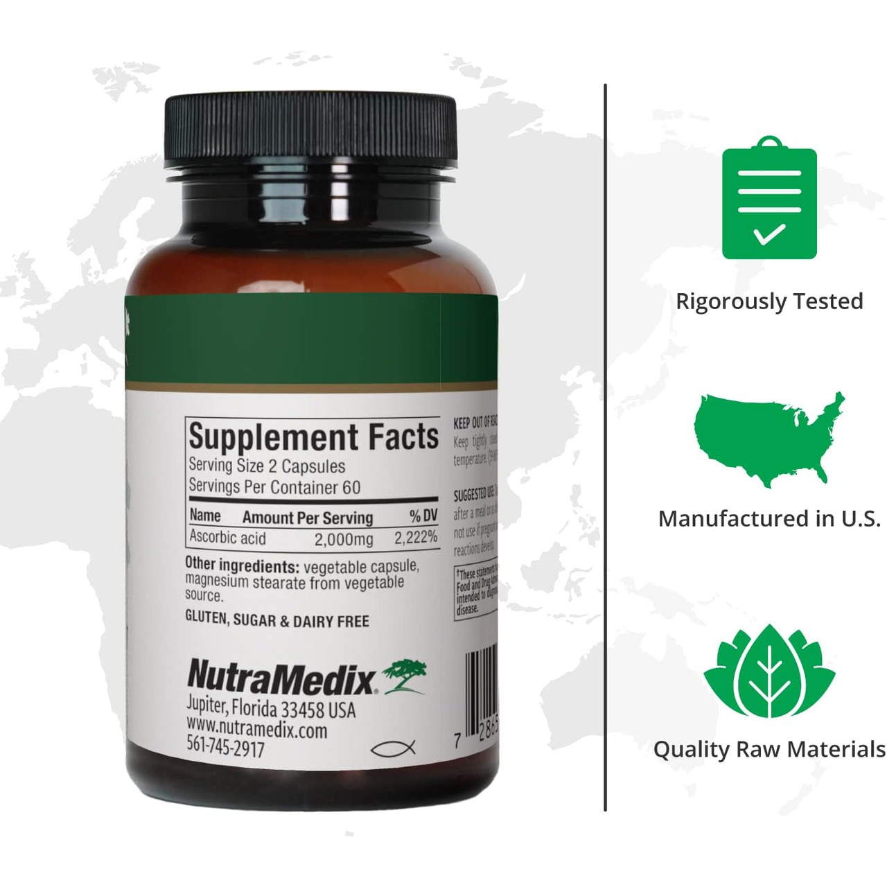 Capsule bottle facts with rigorously tested manufactured in US quality icons