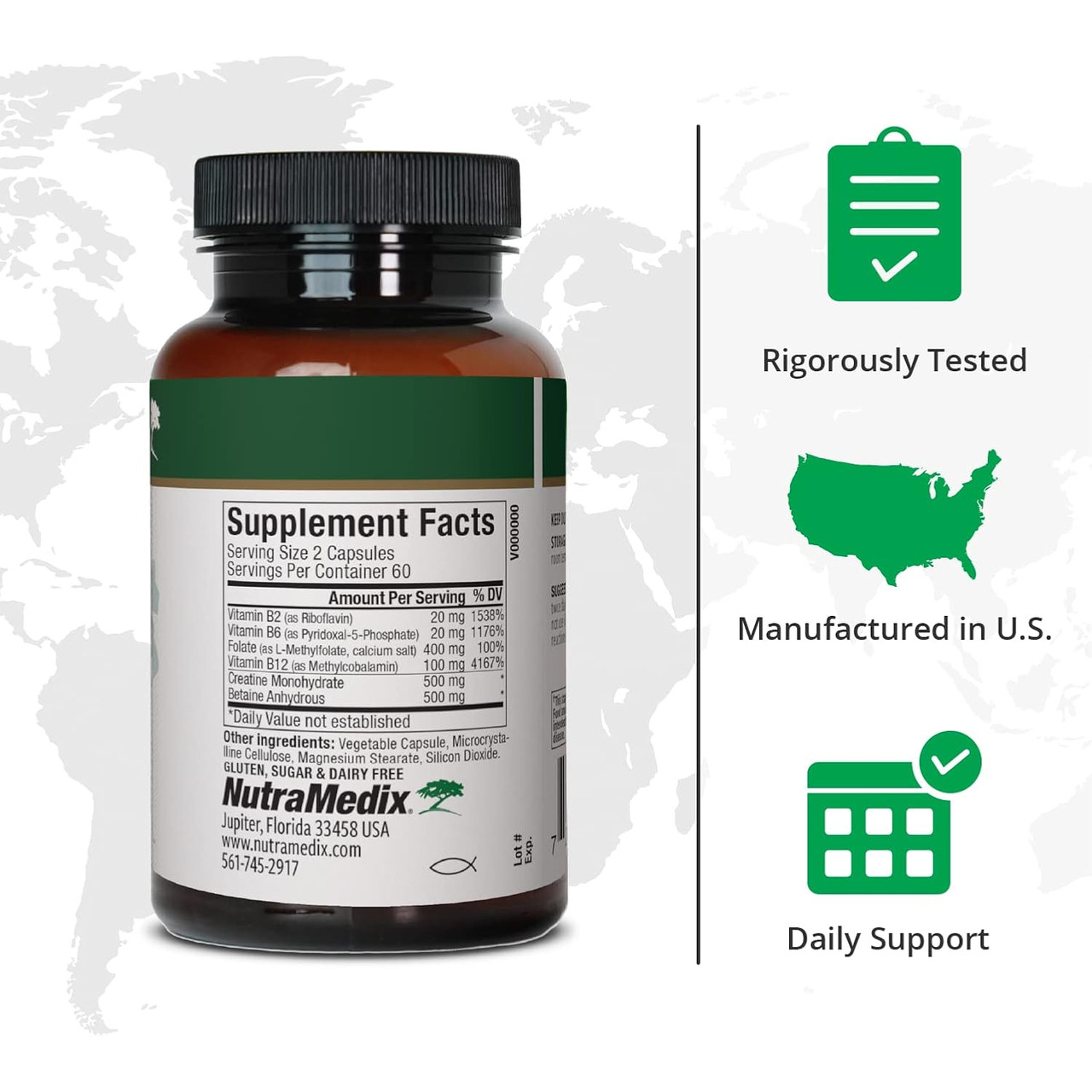 Methyl Complete bottle back with supplement facts, rigorously tested and made in U.S. icons