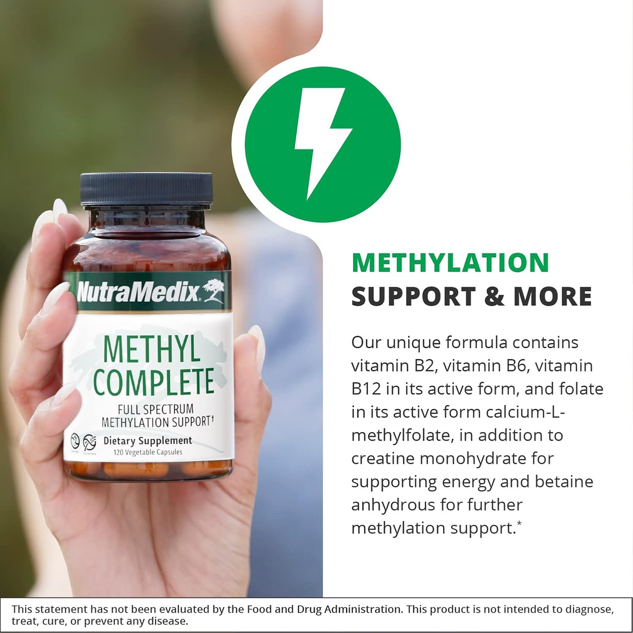 Hand holding a Methyl Complete bottle, methylation support with active B vitamins graphic