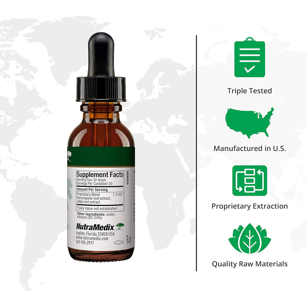 Dropper bottle facts with quality icons on world map background