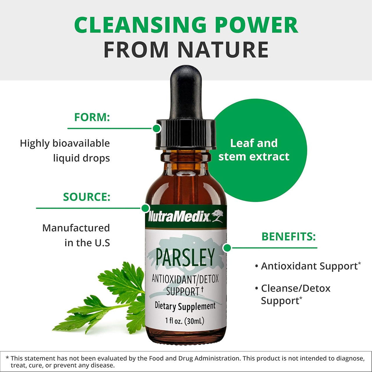 Parsley bottle with leaf and stem extract callouts, cleansing power from nature graphic