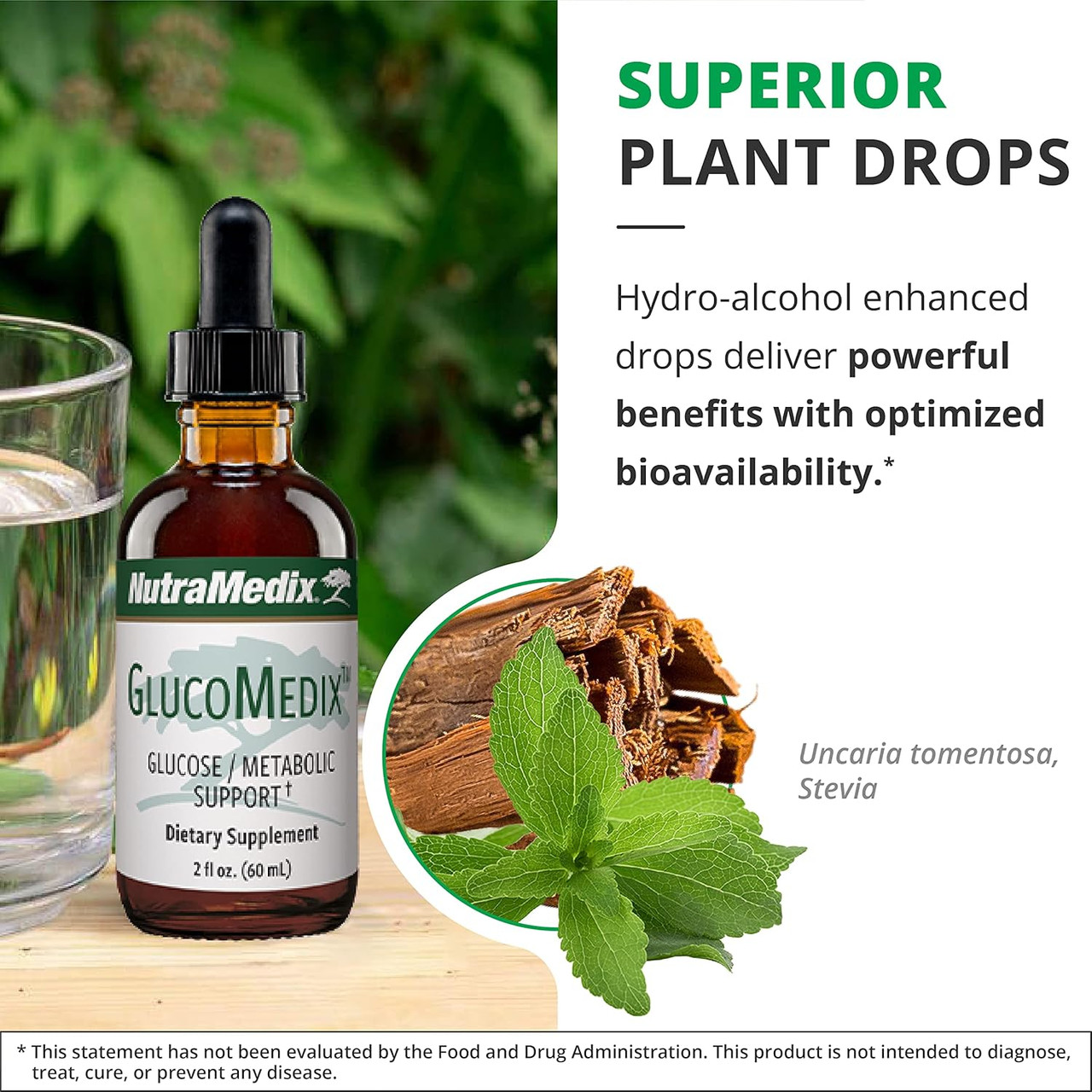 GlucoMedix bottle with cinnamon and stevia, superior plant drops graphic