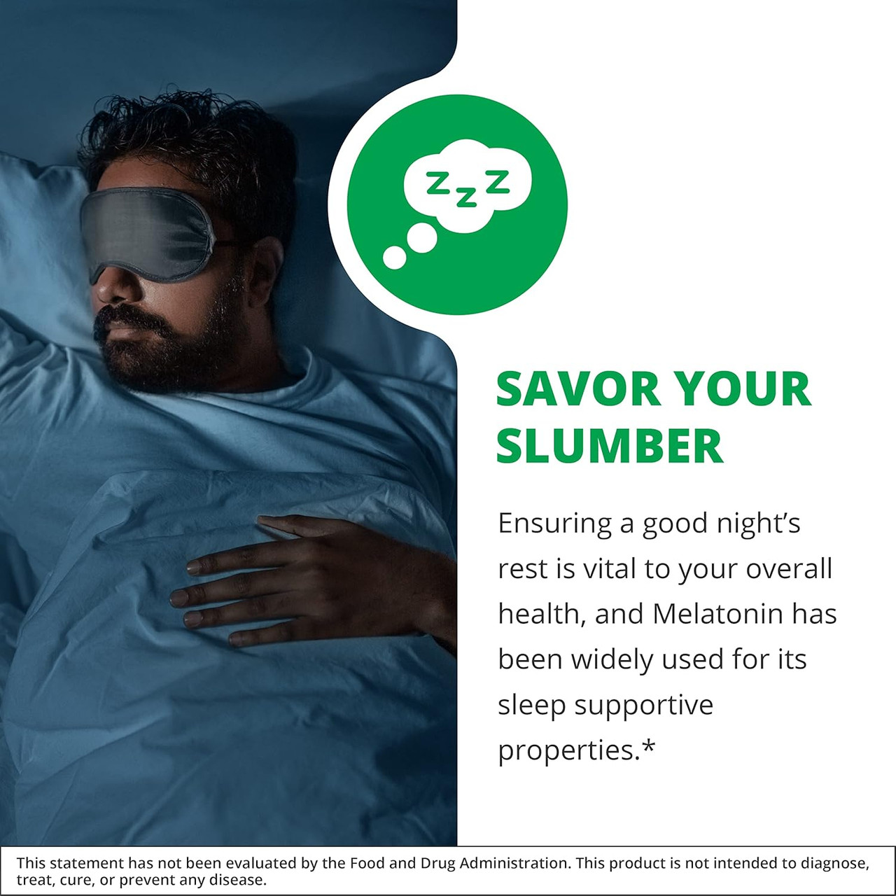 Man in sleep mask, savor your slumber Melatonin sleep support graphic