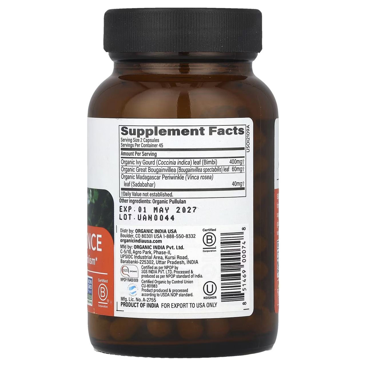 Sugar Balance bottle back with supplement facts