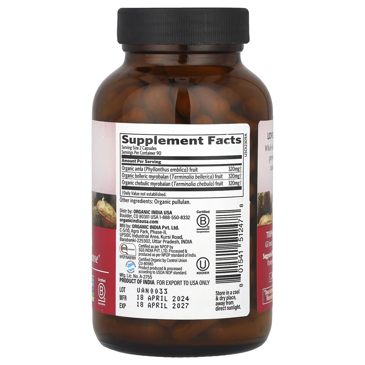 Triphala 180 capsule bottle back with supplement facts