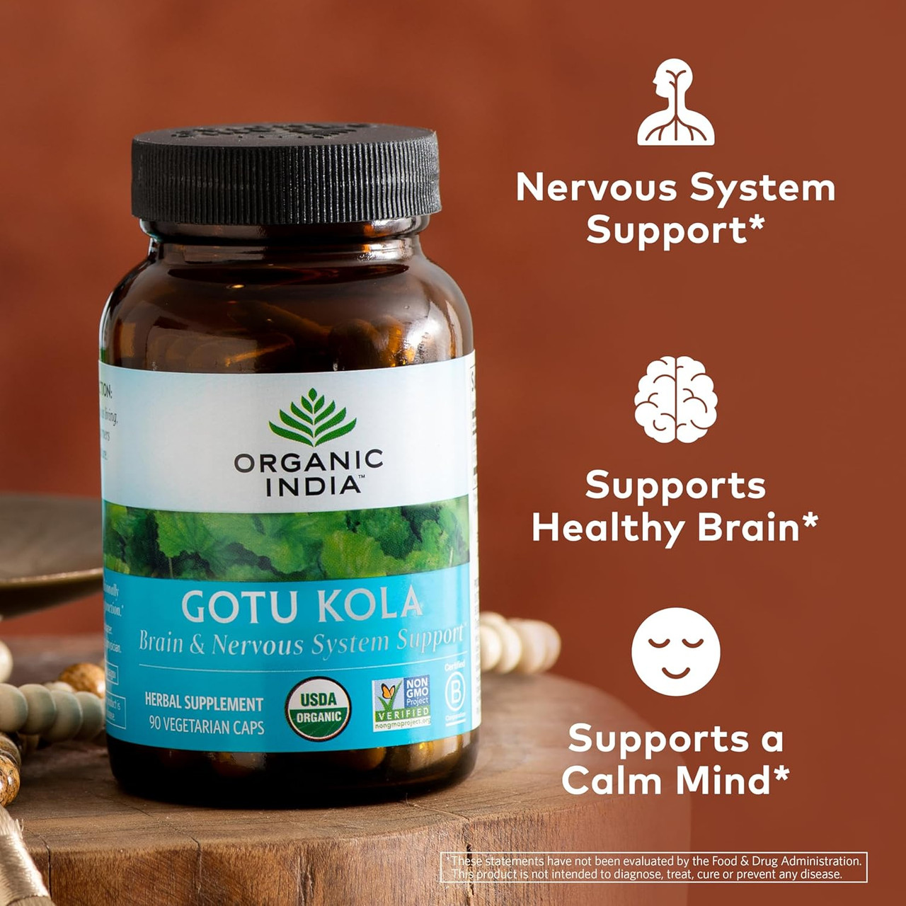 Gotu Kola bottle, nervous system brain calm mind support benefit icons