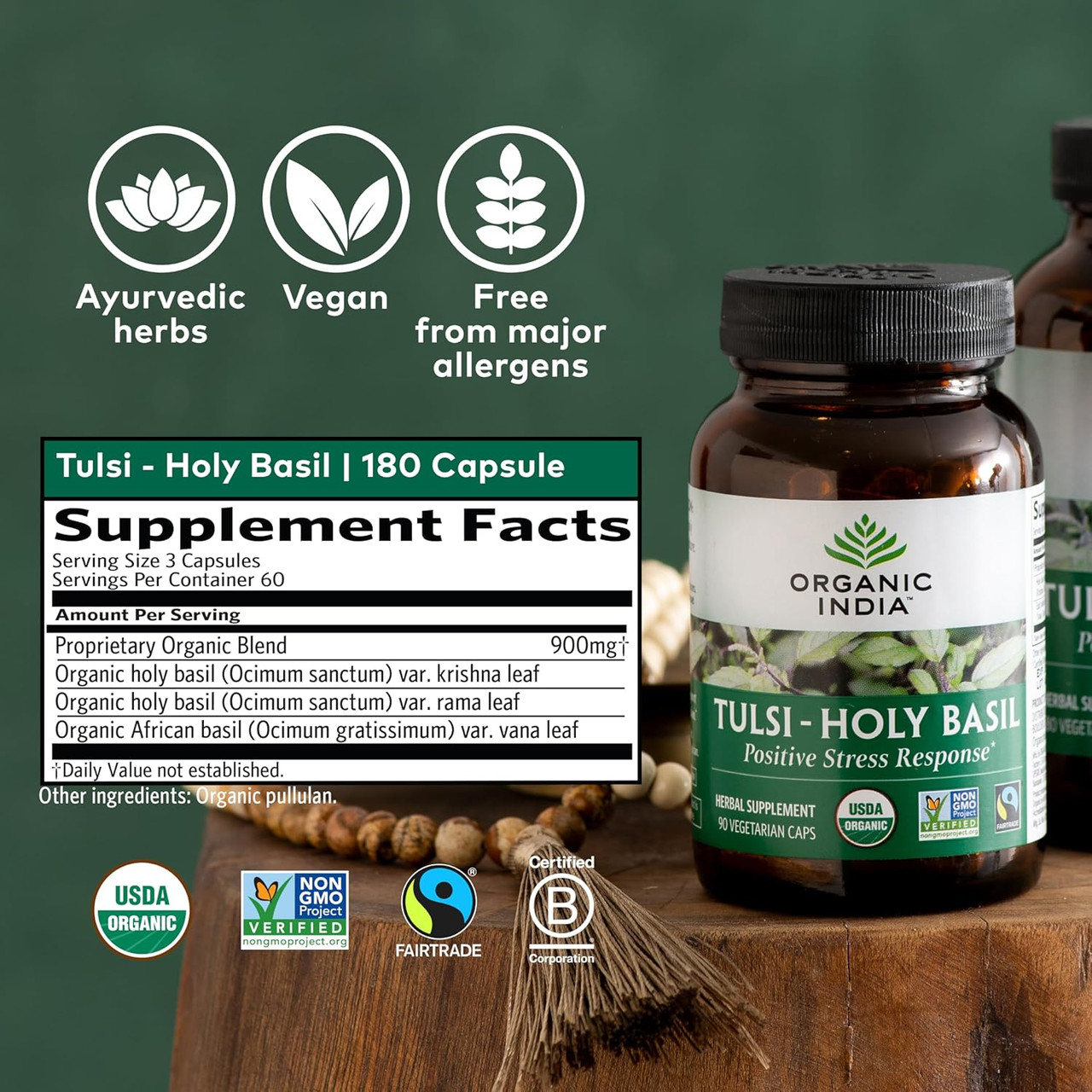 Tulsi Holy Basil 180 bottle with facts and organic Fairtrade certification logos