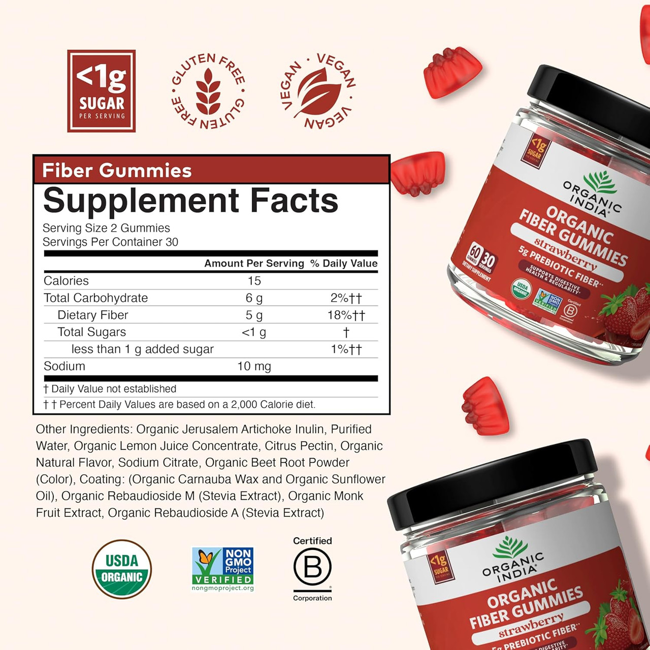 Fiber Gummies supplement facts with jars and strawberries