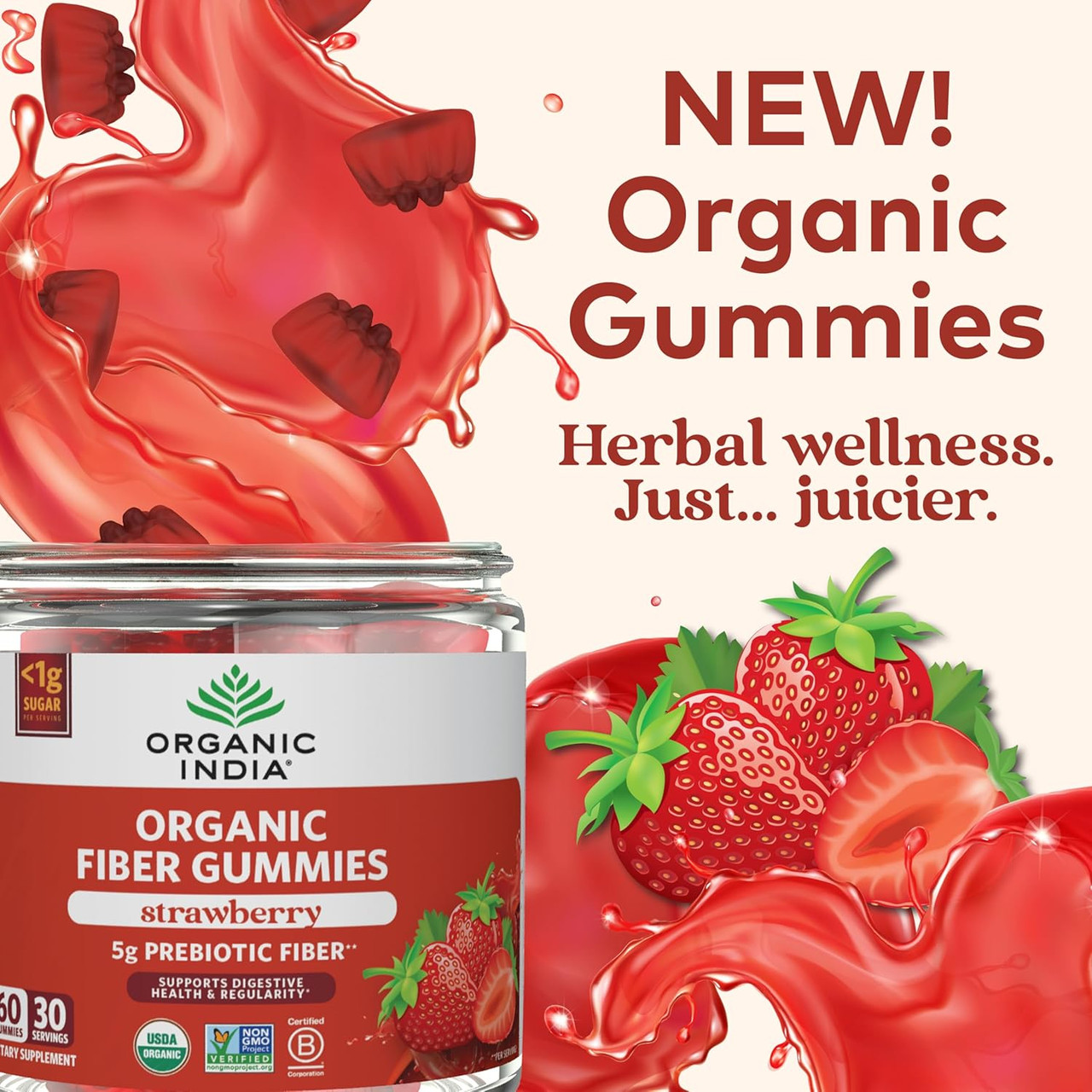 Fiber Gummies jar with strawberries and splash, new organic gummies graphic