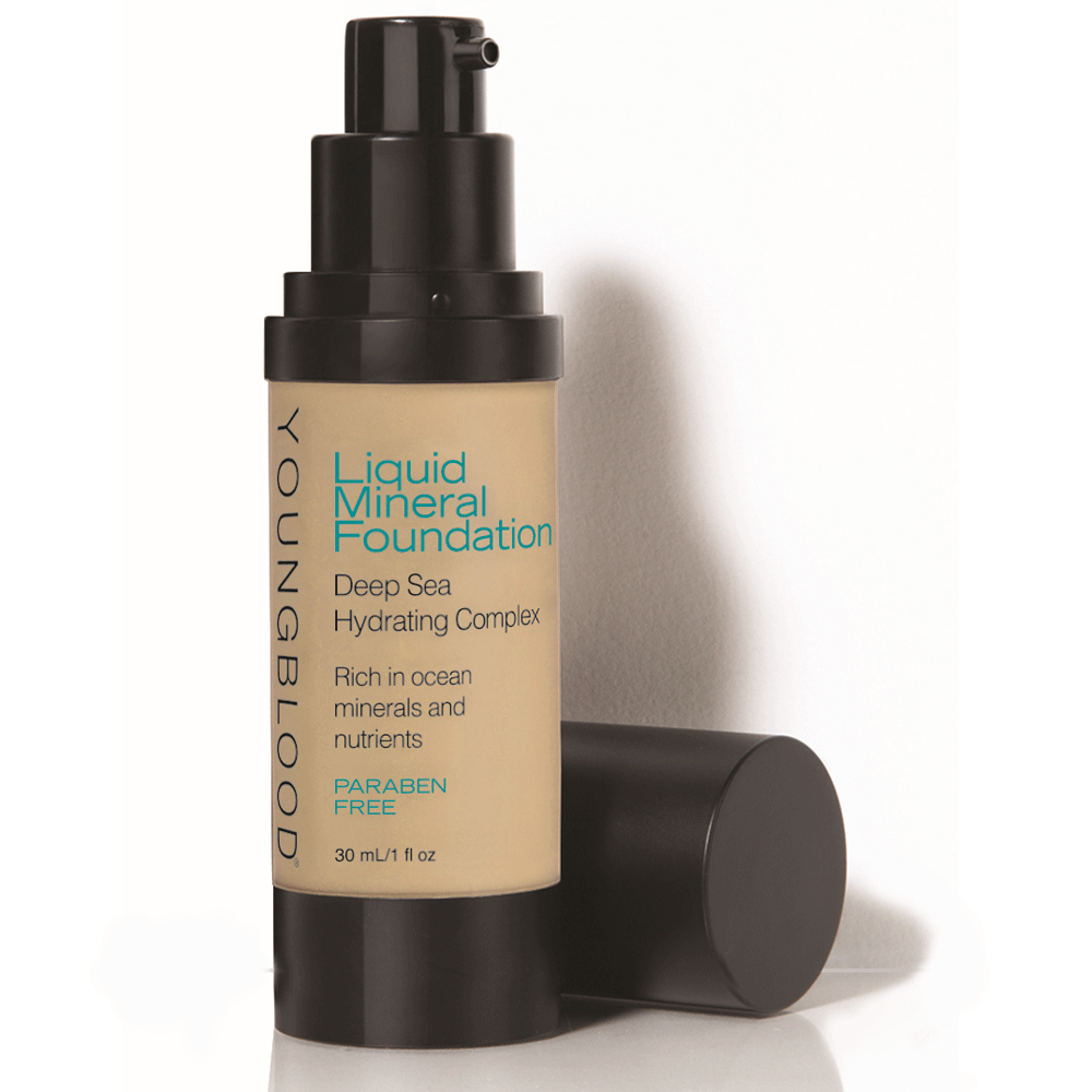 Youngblood Liquid Mineral Foundation pump bottle in a light golden shade