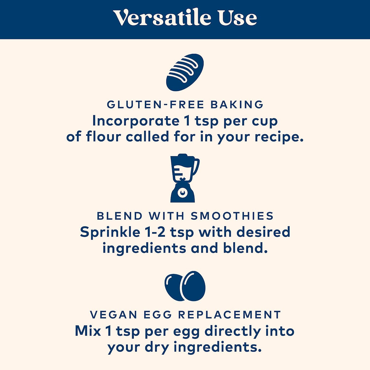 Versatile use graphic, gluten-free baking, smoothies and vegan egg replacement