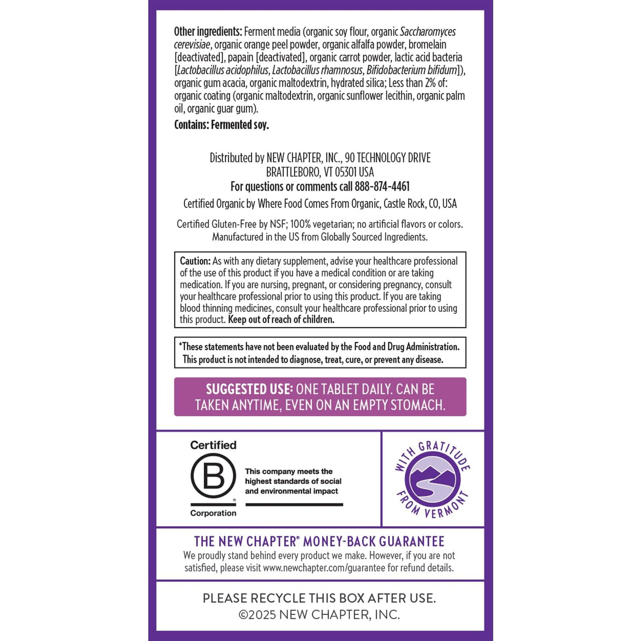 Every Woman's One Daily 40+ ingredients, suggested use and money back guarantee panel