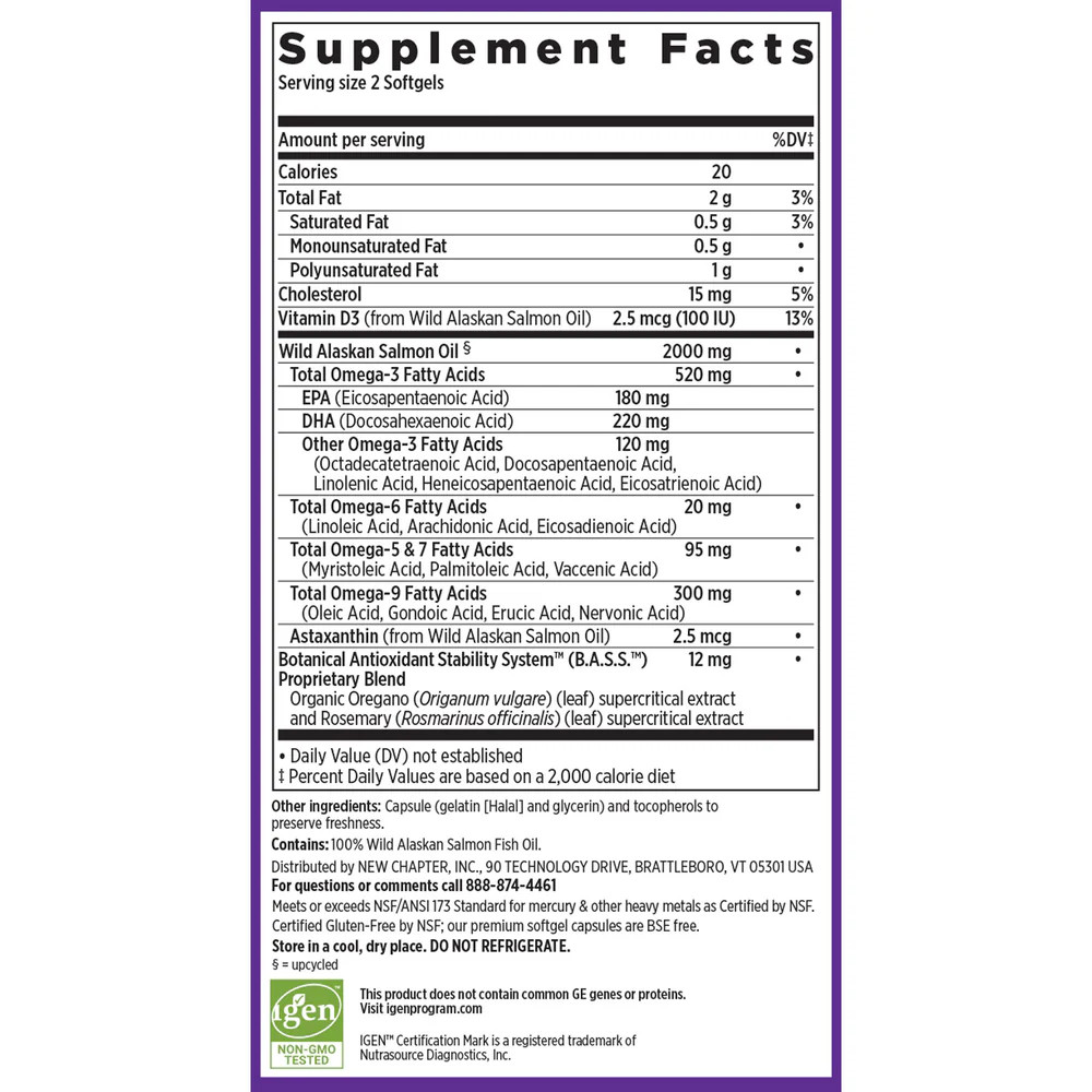 Wholemega Fish Oil supplement facts with wild Alaskan salmon omega profile