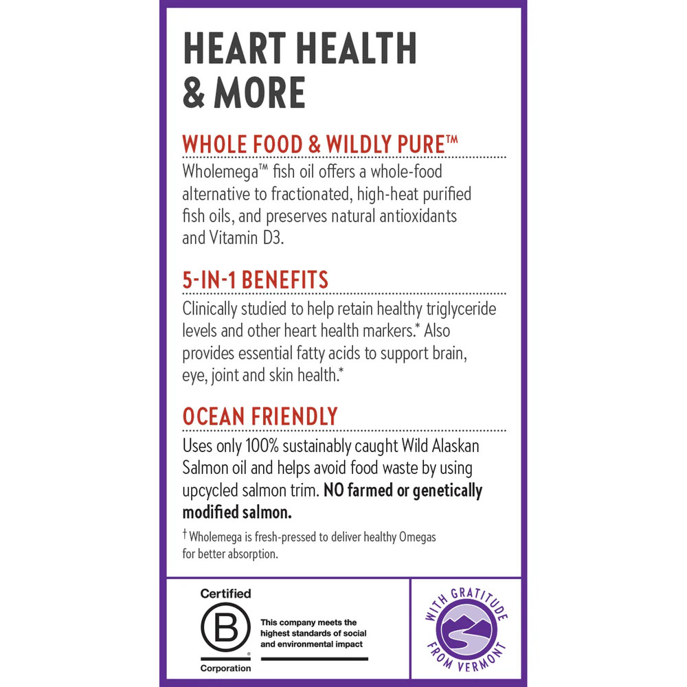Wholemega heart health 5-in-1 benefits ocean-friendly B Corp Salmon-Safe graphic