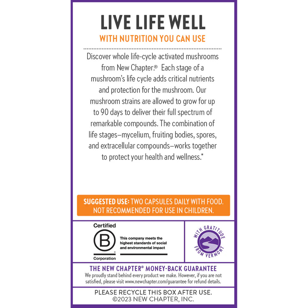 Reishi box panel, live life well with suggested use and certification logos