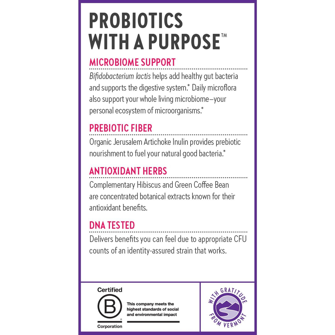 Probiotics with a purpose panel, microbiome support, prebiotic fiber, antioxidant herbs and DNA tested