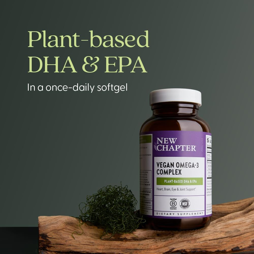 Vegan Omega-3 bottle on wood with moss, plant-based DHA EPA once-daily softgel