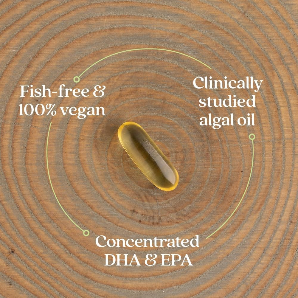 Golden softgel, fish-free vegan clinically studied concentrated DHA EPA callouts