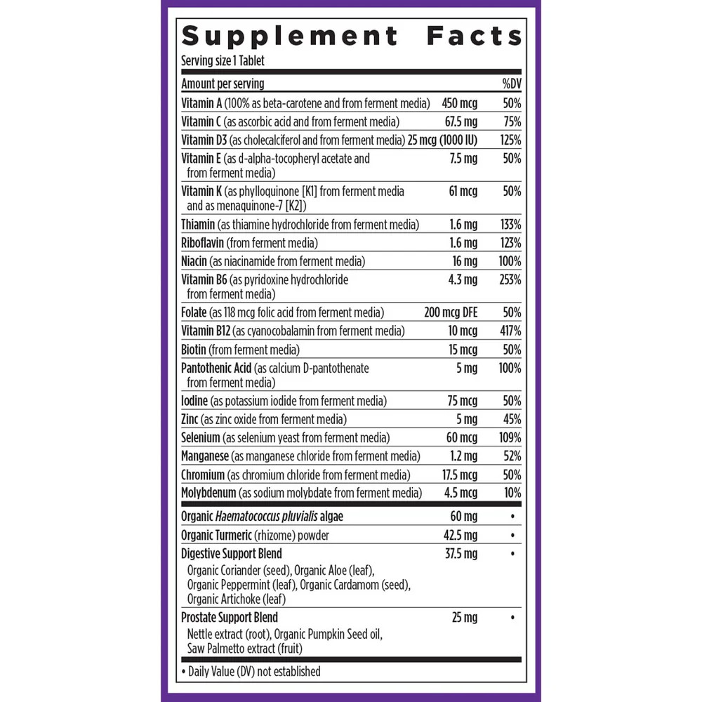 Every Man's One Daily 55+ supplement facts panel
