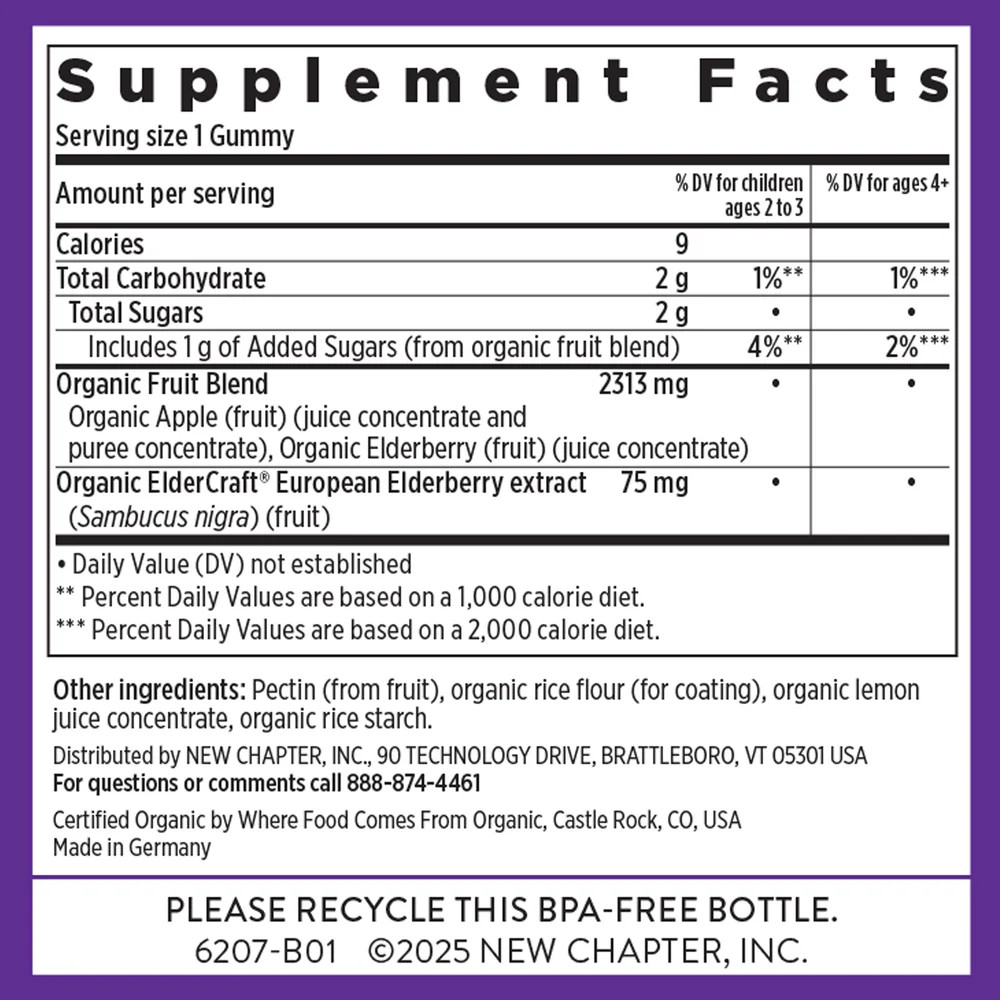Kids Organic Elderberry gummies facts with organic fruit blend and elderberry extract