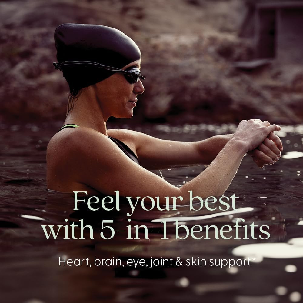 Woman swimmer with goggles, 5-in-1 heart brain eye joint skin support lifestyle graphic