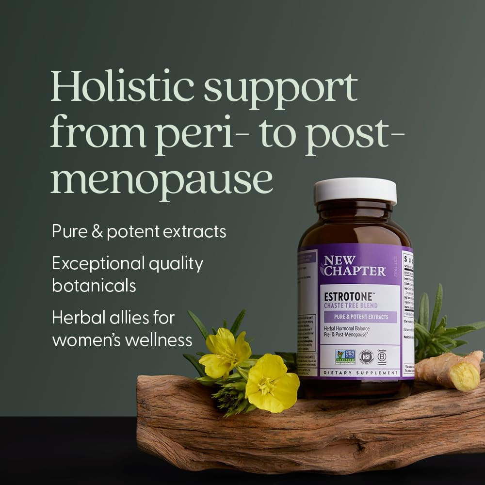 Estrotone bottle with flowers, holistic support from peri- to post-menopause graphic