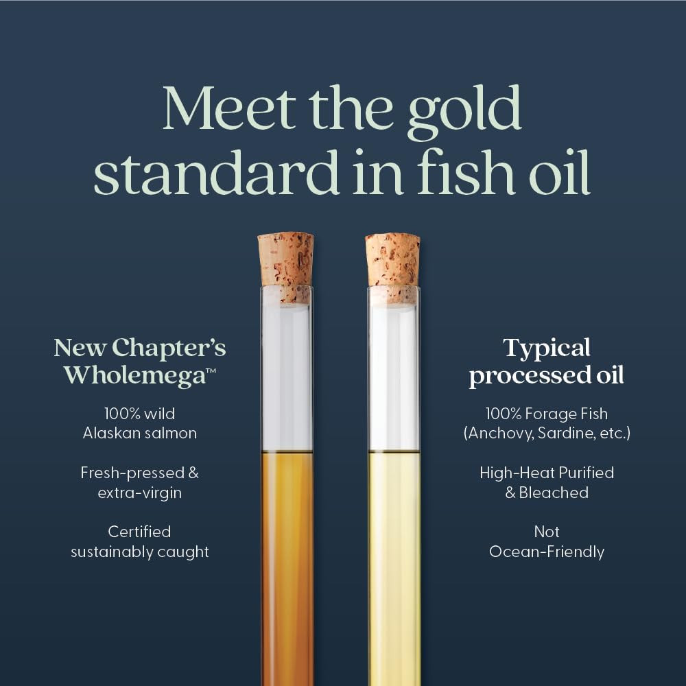 Wholemega gold vs typical processed fish oil color comparison graphic