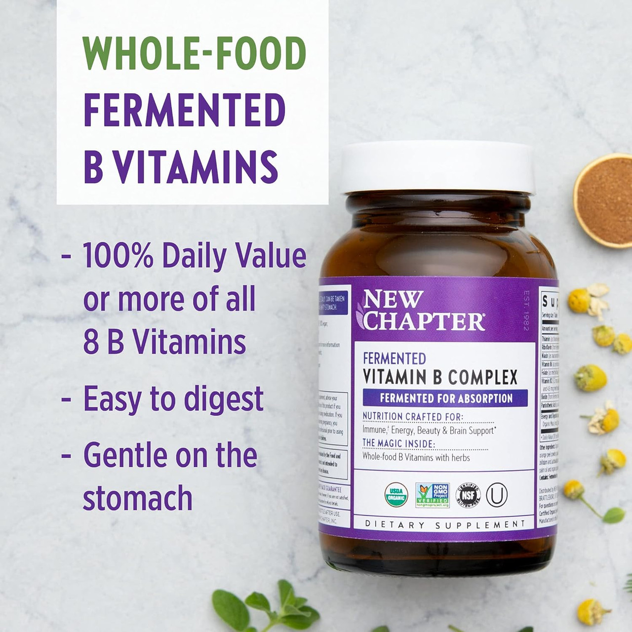 Whole-food fermented B vitamins 100 percent DV easy to digest gentle stomach graphic