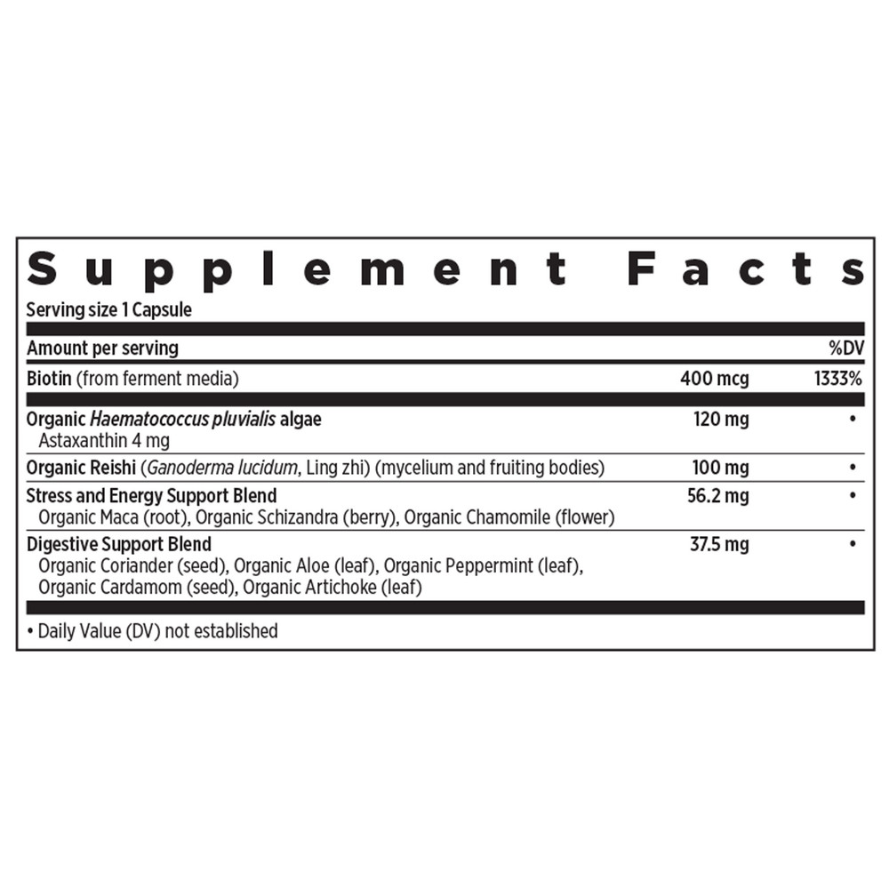 Hair Skin & Nails facts panel for multi-size listing, biotin astaxanthin Reishi blends