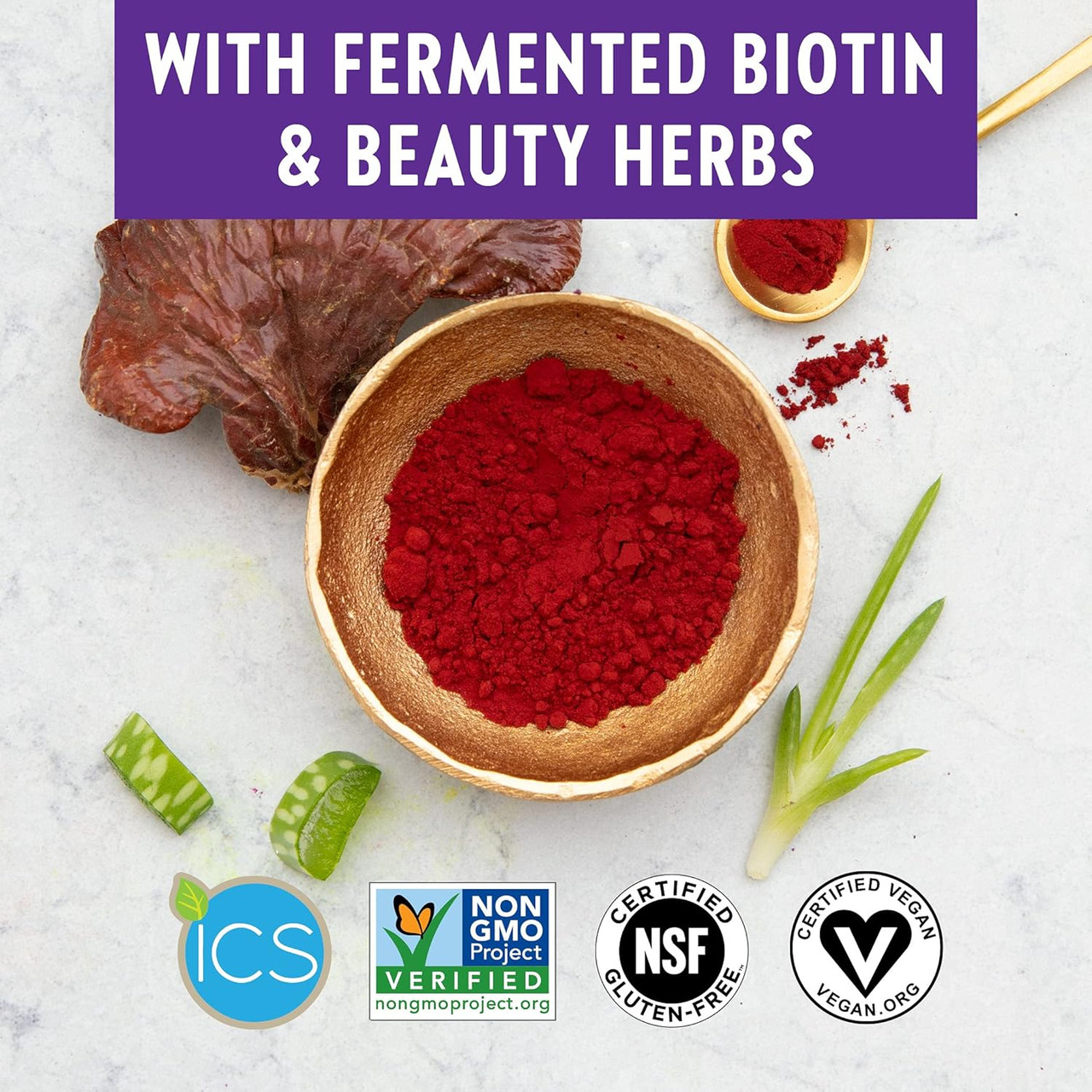 Fermented biotin and beauty herbs with Reishi aloe powder Non-GMO vegan logos graphic